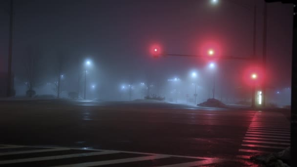 Visão Ampla Semáforo Funciona Noite Hora Nevoeiro Imagens Alta Qualidade — Vídeo de Stock