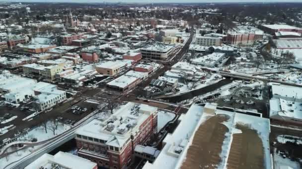 Wide Shot Drone Panoramic Aerial View Naperville City Covered Snow — Stockvideo