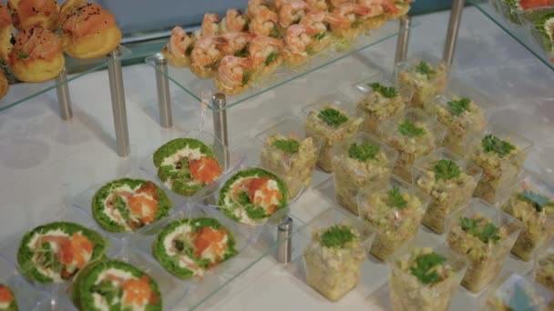Catering Buffet Met Snacks Met Vlees Vis Gerechten Van Feestelijke — Stockvideo