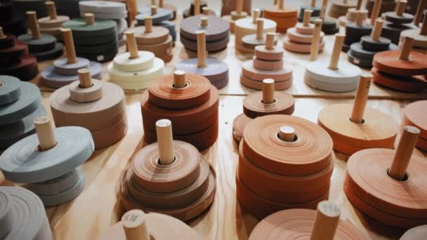 Many Colored Spools Overlock Carpets Store Warehouse Carpet Rolls Stacked — Stock Video