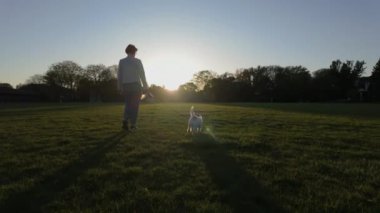 Geniş açı. Parkta köpeği gezdiren kadın. seyahat konsepti. Ağır çekim. Yüksek kalite 4k görüntü