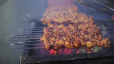 Geleneksel kebap ya da ateşte et pişirmek. Manzarayı kapat. Yüksek kalite 4k görüntü