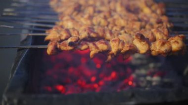 Geleneksel kebap ya da ateşte et pişirmek. Görüntüyü kapat. Yüksek kalite 4k görüntü