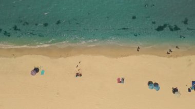 Adadaki kumsal. Deniz dalgası ve mavi gökyüzü. Yukarıdan aşağıya doğru. Yüksek kalite 4k görüntü