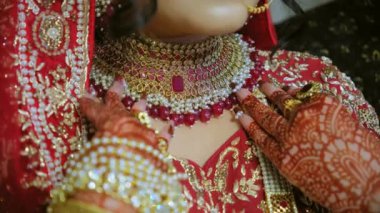 Geleneksel kınalı kadın eli boyası ve geleneksel Hint kıyafetleri giymiş kırmızı renk, Hindu düğünü unsurları. - Evet. Yüksek kalite 4k görüntü