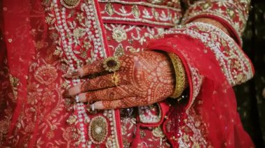 Hindu düğününün unsurları. Geleneksel kınalı eller ve geleneksel Hint kıyafetleri giymiş kırmızı renkler. Yüksek kalite 4k görüntü