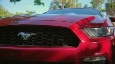 Araç Ford Mustang elementinin yakın görüntüsü. Napoli FL 'de. ABD 20 Ağustos 2024. Yüksek kalite 4k görüntü