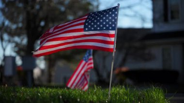 Güneşli bir günde hafifçe sallanan Amerikan bayraklarının vatansever gösterisi. Yüksek kalite 4k görüntü