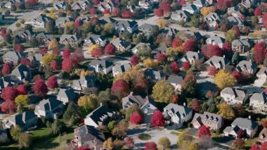 Banliyö caddesi canlı kırmızı ve sarı sonbahar ağaçlarıyla çevrili. Sıcak sonbahar renkleri güzel mevsimsel mahalleler, evler, hava manzarası yaratır. Yüksek kalite 4k görüntü