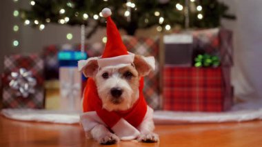 Noel kıyafetli şirin Jack Russell köpek yavrusu paketlenmiş hediyeler ve yanıp sönen Noel ışıkları. Yüksek kalite 4k görüntü