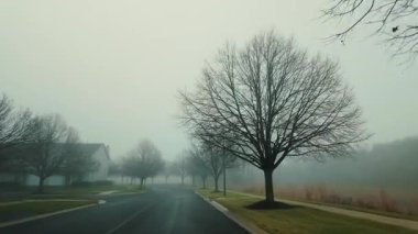 Banliyöde kar yağmayan kış kenti sokakları. Kırsal bölgelerdeki kır kış atmosferi. Yüksek kalite 4k görüntü