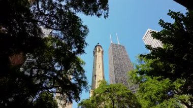 Su Kulesi Binası ve Willis 'in şehir merkezindeki ağaç dalları arasından çekimleri. Dibine kadar kamera görüntüsü. Şikago İl. ABD 20 sep 2024. Yüksek kalite 4k görüntü