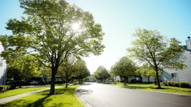 Beyaz evlerin yakınındaki banliyö bölgesinde güzel ağaçlar var. Kamerayı sabit tut. Yüksek kalite 4k görüntü