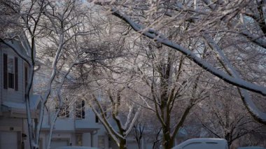 Kar güneşli bir kış gününde banliyö sokaklarını park etmiş arabayla kapladı. Bir yerleşim bölgesinde kış günleri. Yüksek kalite 4k görüntü