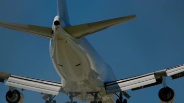 Güneşli bir günde dikenli tellerle havaalanına inen uçak. Ağır çekim. Yüksek kalite 4k görüntü