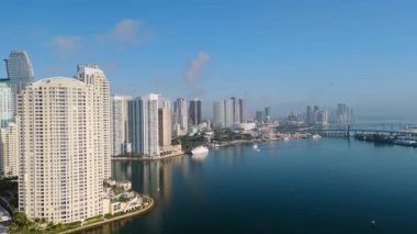 Drone view of Biscayne Bay and Miami skyline at daybreak. Peaceful waters and quiet city waking up. High quality 4k footage