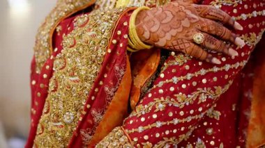 Gelin, Hindistan 'ın geleneksel kırmızı düğün kıyafetleri içinde kolunu yavaşça okşar. Hindu düğün unsurları. - Evet. Yüksek kalite 4k görüntü
