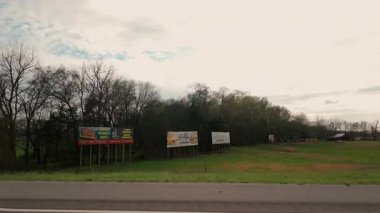 Otoyolda araba sürmek ve kasvetli bir havada ilkbaharda ağaçları izlemek. Ön yolcu koltuğunun yan görüntüsü. Yüksek kalite 4k görüntü