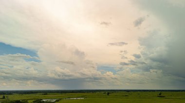 Yeşil karada yağmur yağmadan önce bulutlu ve yağmurlu bir ufuk çizgisi. Fırtınalı cennet. Yüksek kalite fotoğraf
