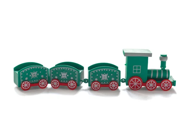 Beyaz Arka Planda Kırmızı Tekerlekleri Olan Mavi Noel Treni Görünüm — Stok fotoğraf