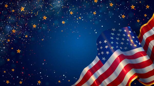 Banner image for US Independence Day 4th of July on a blue background American flag and stars with copy space