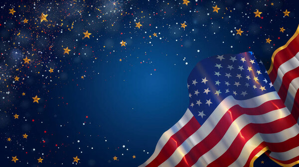 Banner image for US Independence Day 4th of July on a blue background American flag and stars with copy space