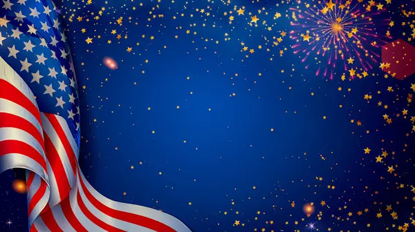 4 Temmuz 'da ABD' nin Bağımsızlık Günü için afiş resmi mavi arka planda Amerikan bayrağı ve fotokopi alanı olan yıldızlar üzerinde
