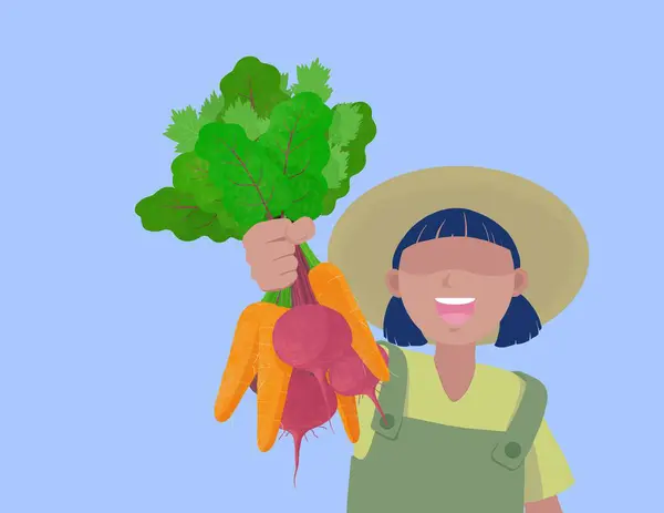 Gülümseyen bahçıvan elinde taze sebzeler tutuyor..