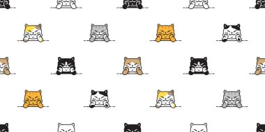 cat seamless pattern kitten sitting vector calico smiling breed neko cartoon character pet tile background repeat wallpaper scarf isolated illustration doodle design
