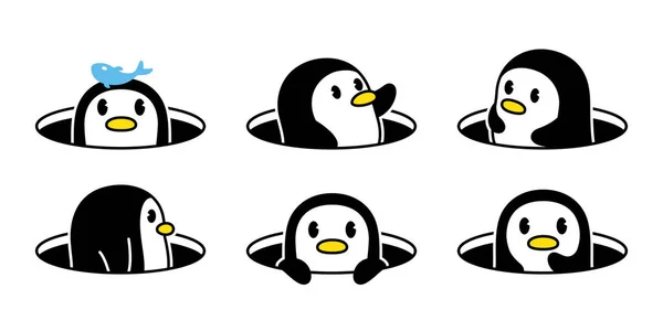 Penguin Vector Bird Icon Hole Hiding Logo Cartoon Character Doodle — Stok Vektör
