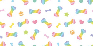 Köpek kemiği kusursuz desenli gökkuşağı renginde Paw ayak izi yıldızı polka nokta Fransız buldog vektörü yavru köpek makarnası yavru karikatür karikatür tekrar duvar kâğıdı çizim tasarımı izole edilmiş