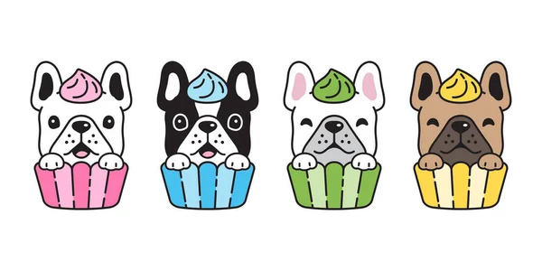 Perro Vector Francés Bulldog Icono Cupcake Panadería Bufanda Cachorro Mascota — Vector de stock
