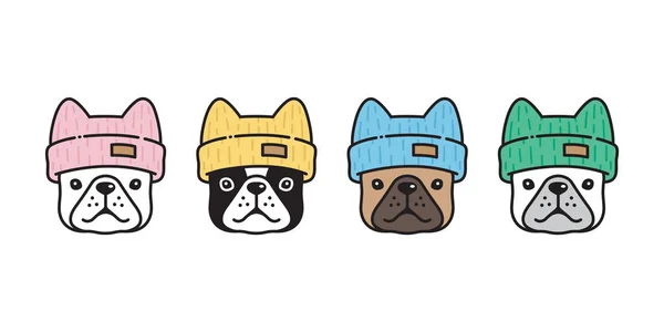 Σκύλος Διάνυσμα Γαλλική Bulldog Εικονίδιο Beanie Καπέλο Πλέξιμο Μαλλί Κουτάβι — Διανυσματικό Αρχείο