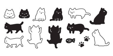 kedi vektörü kedi ikonu siyah beyaz neko calico evcil hayvan yürüyen ayak izi balık izi çizgi film sembolü eşarp çizimi izole tasarım