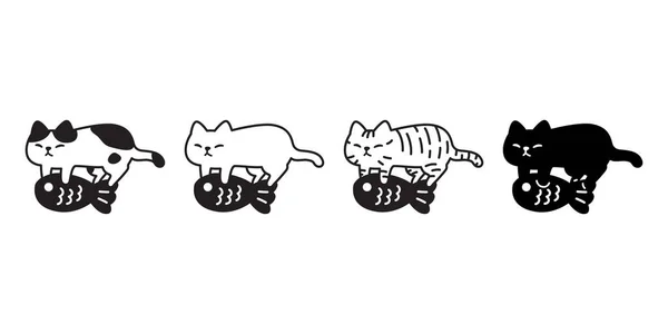 猫矢量小猫图标Neko Calico拥抱鱼宠物人物形象卡通涂鸦符号纹身图解设计孤立 — 图库矢量图片