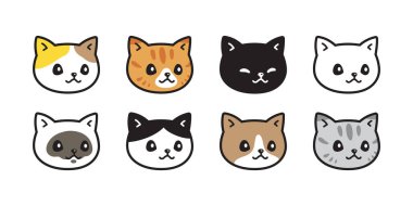 kedi yüz vektörü kedicik baş ikonu neko calico evcil hayvan gülüşü ayak izi çizgi film karakteri dövme damgası eşarp çizimi izole tasarım