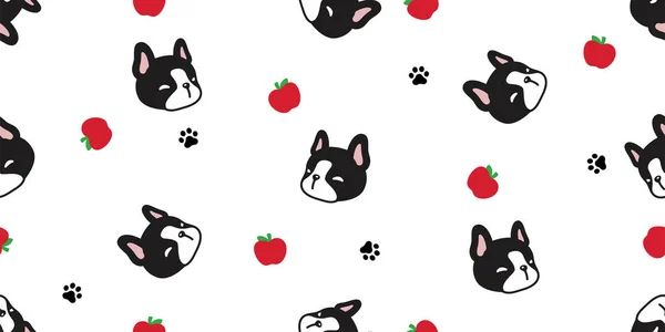 犬の継ぎ目が無いパターン フランスのブルドッグの足跡のリンゴのフルーツの漫画の犬の顔のヘッド ベクターのペットの落書きのギフト包むペーパー タイルの背景の繰り返しの壁紙のスカーフによって隔離されるイラストの設計 — ストックベクタ