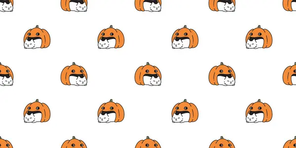 Gato Sem Costura Padrão Halloween Abóbora Gatinho Calico Vetor Doodle —  Vetores de Stock