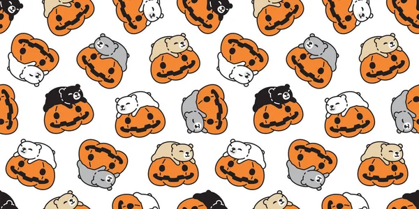Bär Polar Nahtlose Muster Halloween Kürbis Schlafen Vektor Haustier Doodle — Stockvektor