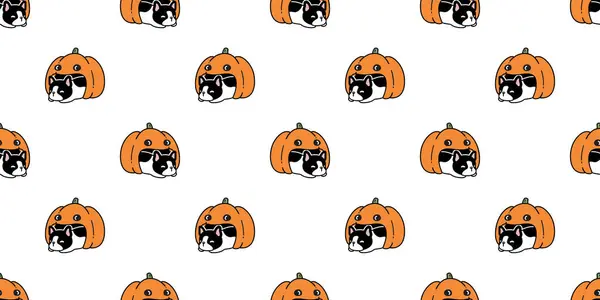 Hund Nahtlose Muster Französisch Bulldogge Halloween Kürbis Welpen Vektor Doodle — Stockvektor