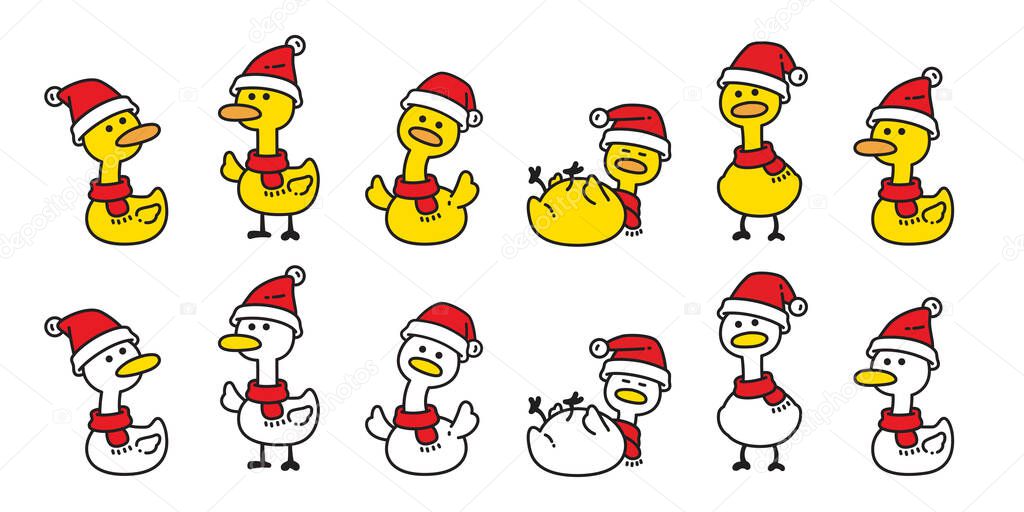 Duck christmas vector santa claus hat icon red scarf logo cartoon character yellow rubber duck bird chicken symbol doodle isolated illustration design