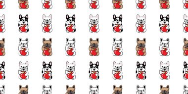 Köpek kusursuz desenli Fransız bulldog kalbi sevgili şanslı kedi manekineko vektör karikatür köpek yavrusu kucaklama evcil hayvan karalama kağıt kaplama arka plan tekrar duvar kağıdı illüstrasyon eşarbı izole tasarım