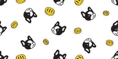 Kusursuz desenli Fransız buldog altın sikkesi. Çizgi film, köpek yavrusu, karalama, kağıt kaplama arka plan. Duvar kâğıdı illüstrasyon eşarbı izole edilmiş tasarım.