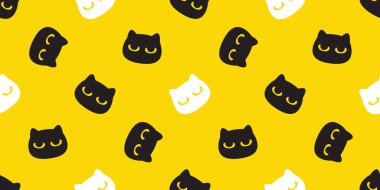 Kedi pürüzsüz desen sarı göz vektörü siyah kedi başı Calico neko evcil hayvan karikatür karalama hediye kâğıt kaplama arka plan tekrar duvar kağıdı çizimi izole tasarım