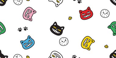Kedisiz desenli saat kedi yavrusu gülümseme vektör baş yüz cüce neko evcil karikatür karalama hediye kağıt kaplama arka plan tekrar duvar kâğıdı çizim izole renkli tasarım