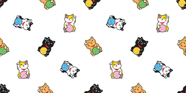 猫の継ぎ目が無いパターン マンキネコの子猫のベクトル ラッキーな猫のヤーン ボール 日本のカリコ ムンキン ペットの漫画 タイルの背景 ギフト包むペーパー 繰り返し壁紙のイラスト — ストックベクタ