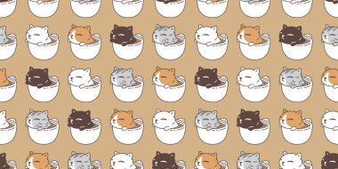 kedi desensiz kahve fincanı kedi yavrusu Calico neko vektör sıcak çay çizgi film evcil karo fayanslı arkaplan kaplama kağıt tekrar duvar kağıdı eşarbı izole çizim kahverengi tasarım