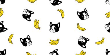 Köpek desensiz Fransız Buldog muz kafalı çizgi film vektörü karalama meyveli kukla arka plan hediye kâğıdı tekrar duvar kağıdı illüstrasyon eşarbı izole tasarım