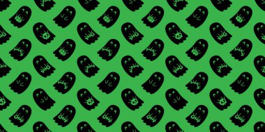 Hayalet desensiz, ürkütücü cadılar bayramı kafatası, balkabağı, balkabağı, vektör, karo, kağıt kaplama arka plan. Duvar kâğıdı, eşarp, şeytani çizim, yeşil tasarım.