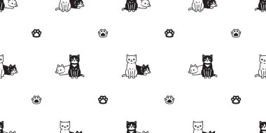 Kedi derisi desensiz, uyuyan çizgi film kedisi patili, ayak izli, kakaolu, hediye paketi kağıtlı arka plan. Duvar kâğıdı çizimini tekrarla.